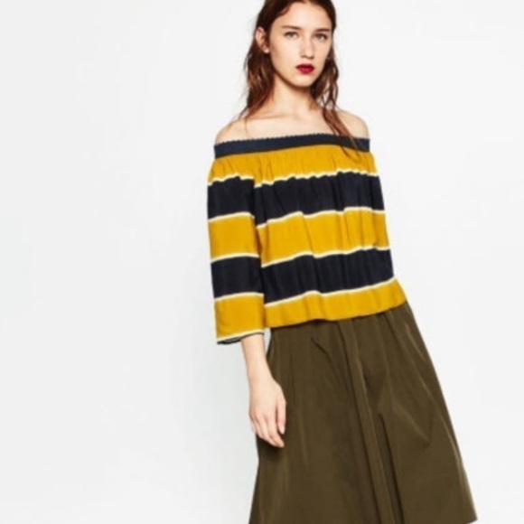 𝅺ZARA Basic striped off the shoulder shirt yellow blue sz Medium - Picture 1 of 10